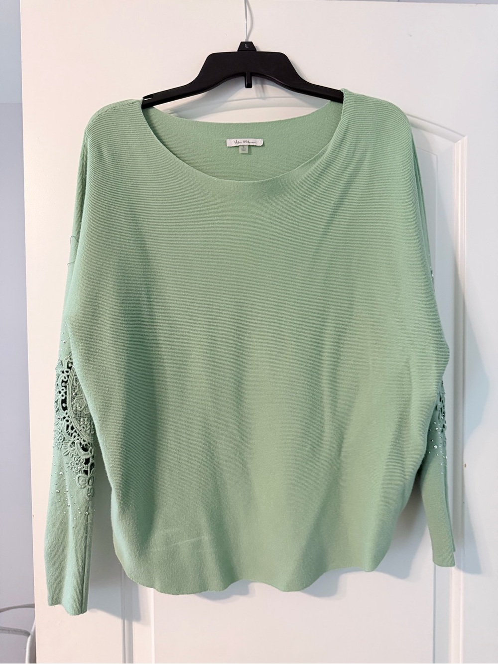 Vila Milano Mint Green Scoop Neck Sweater with Lace Sleeve Detail